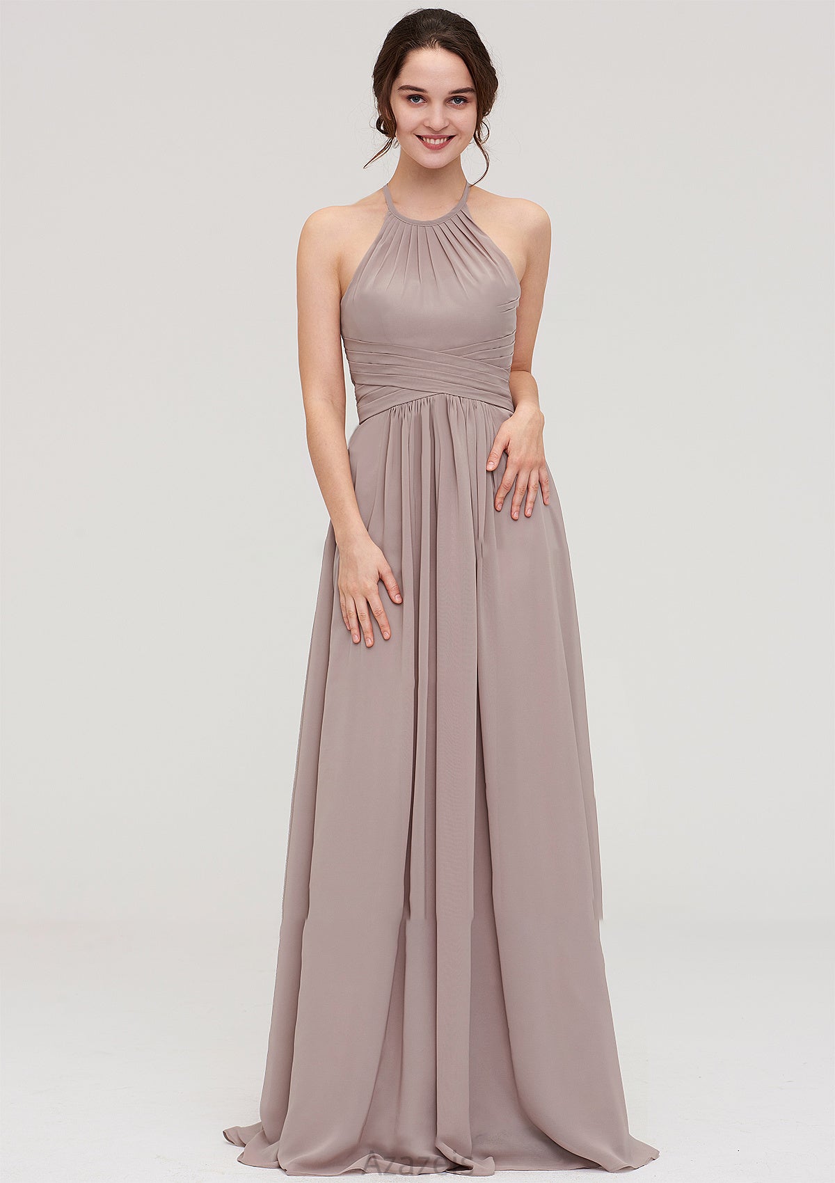 Scoop Neck Sleeveless A-line/Princess Chiffon Long/Floor-Length Bridesmaid Dresseses With Pleated Cristal DFP0025399