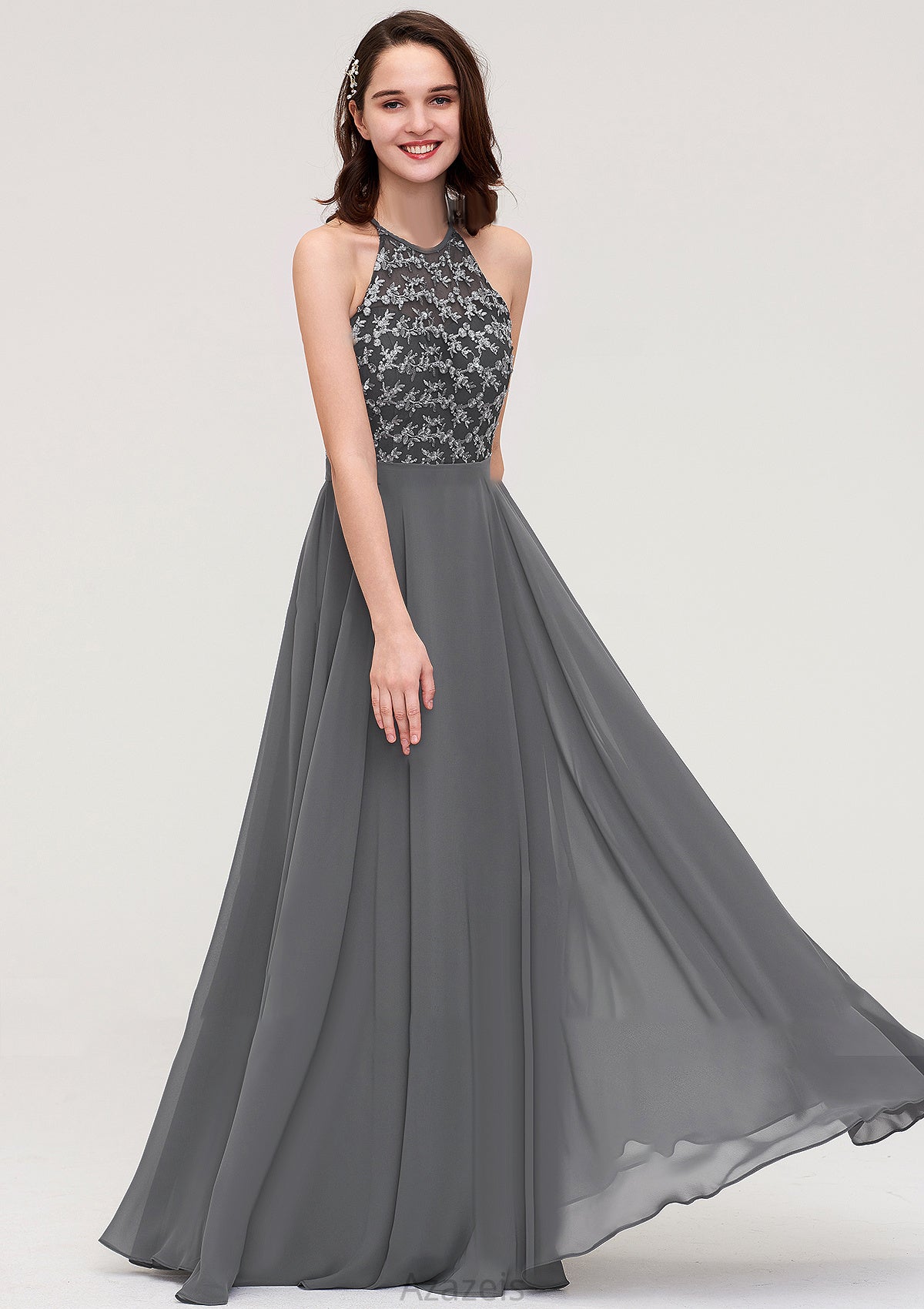 A-line/Princess Halter Long/Floor-Length Chiffon A-line/Princess Bridesmaid Dresses With Appliqued Averie DFP0025402