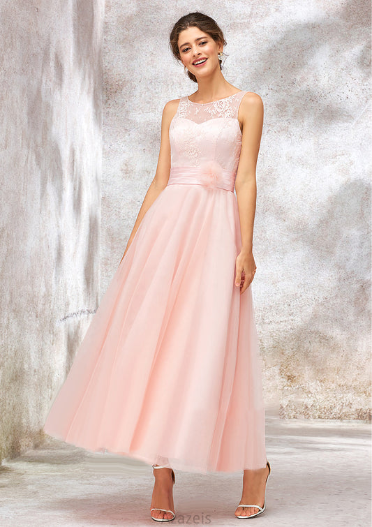 Bateau Sleeveless Tea-Length Tulle A-line/Princess Bridesmaid Dresses With Waistband Lace Valeria DFP0025403