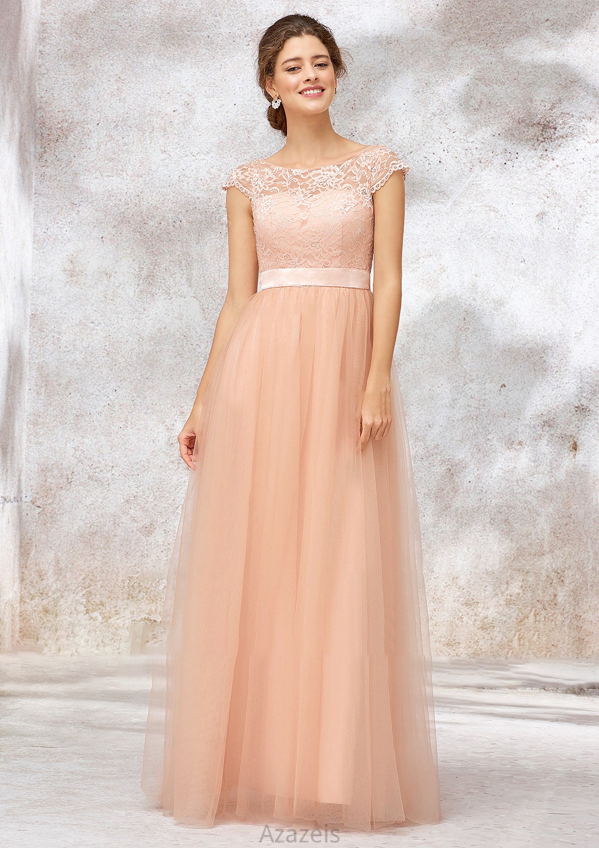 Sleeveless Bateau Long/Floor-Length Tulle A-line/Princess Bridesmaid Dresses With Sashes Lace Rayne DFP0025405