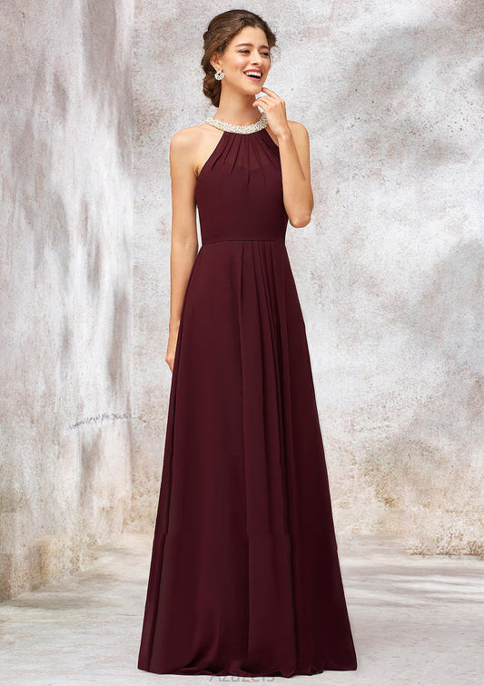 Sleeveless Scoop Neck Long/Floor-Length Chiffon A-line/Princess Bridesmaid Dresses With Pleated Beading Norah DFP0025406