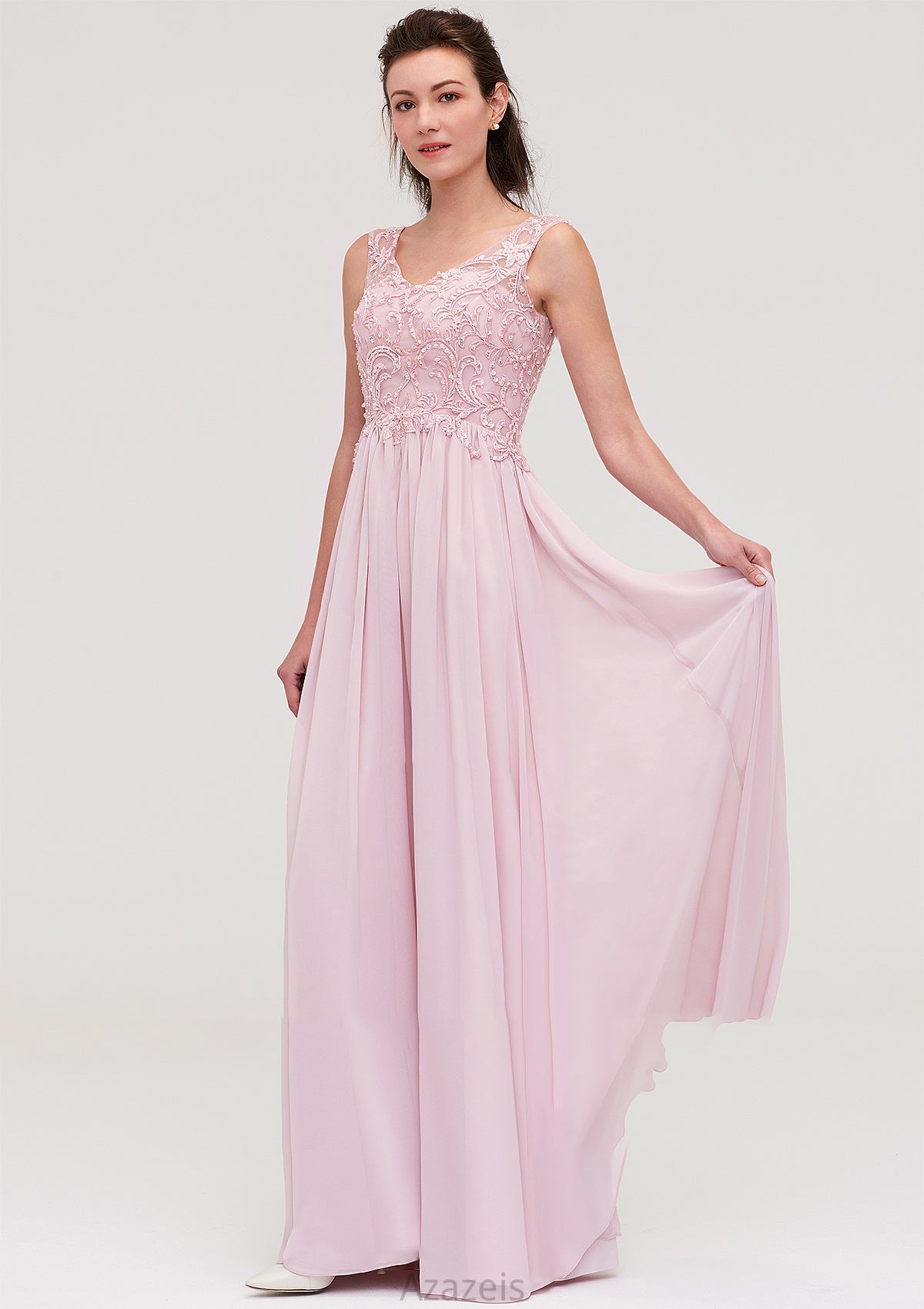 Sleeveless V Neck A-line/Princess Chiffon Long/Floor-Length Bridesmaid Dresseses With Beading Appliqued Clara DFP0025410