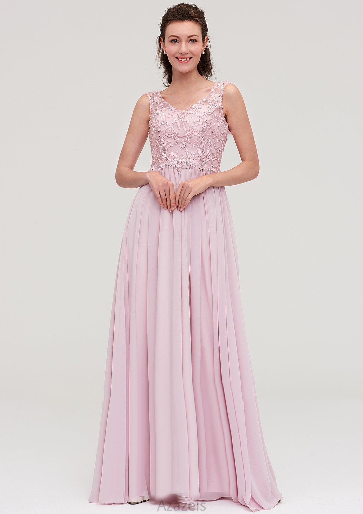 Sleeveless V Neck A-line/Princess Chiffon Long/Floor-Length Bridesmaid Dresseses With Beading Appliqued Clara DFP0025410