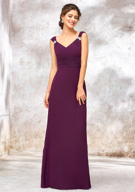 V Neck Sleeveless Long/Floor-Length Sheath/Column Chiffon Bridesmaid Dresses With Sashes Pleated Beading Nia DFP0025412