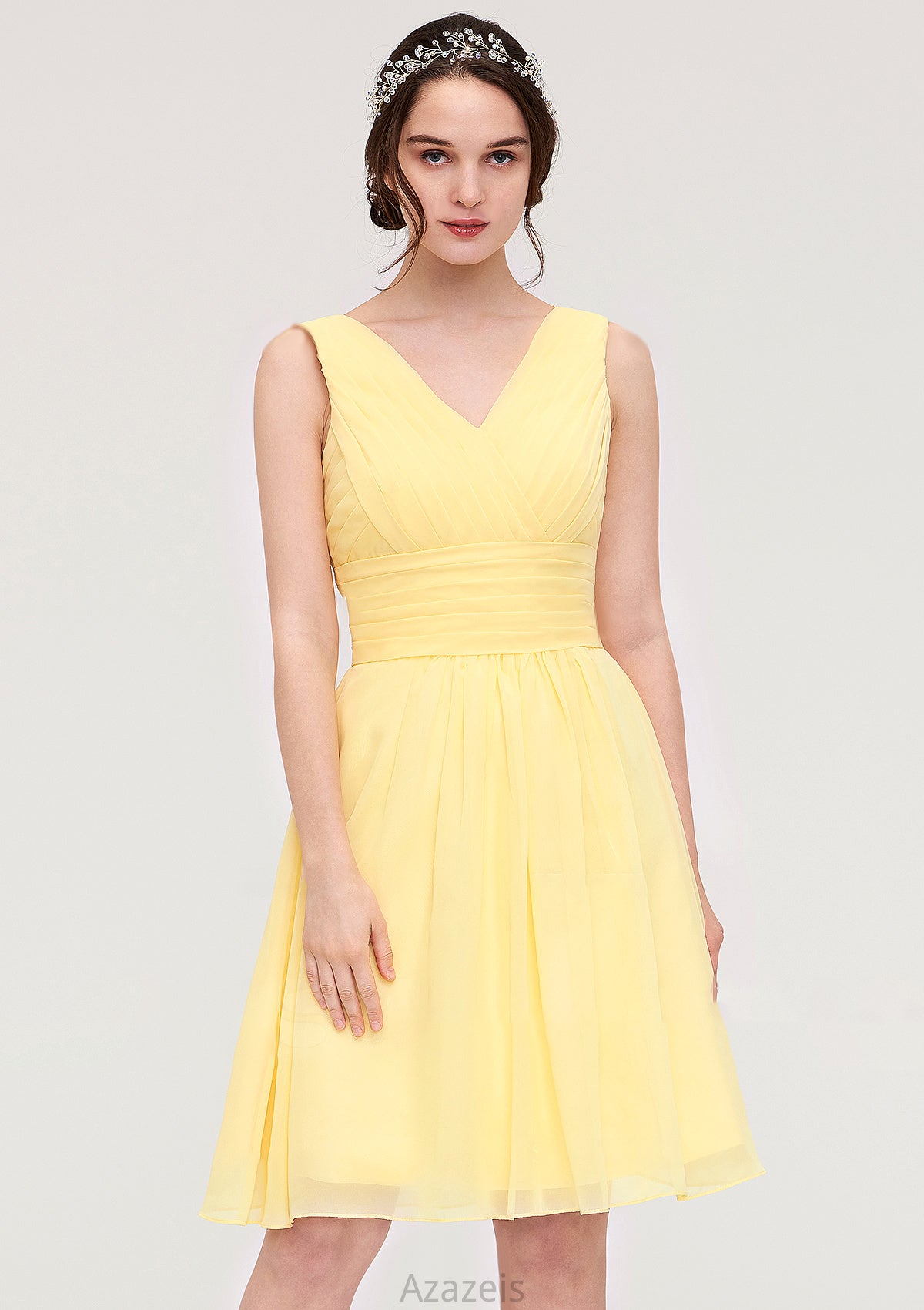 V Neck Sleeveless A-line/Princess Chiffon Knee-Length Bridesmaid Dresses With Pleated Victoria DFP0025414