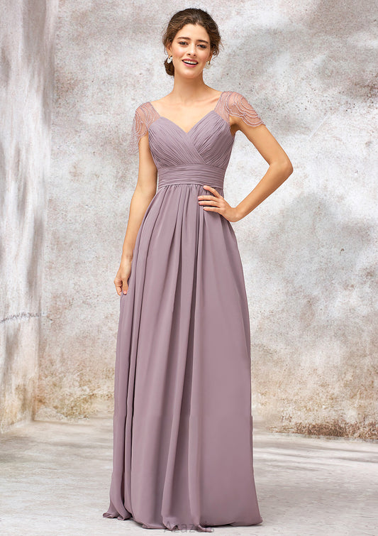 V Neck Long/Floor-Length Chiffon A-line/Princess Bridesmaid Dresses With Pleated Beading Callie DFP0025416