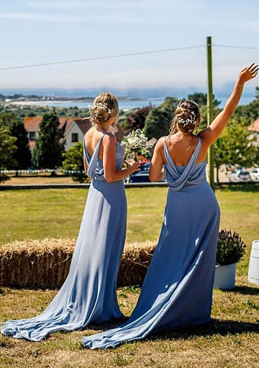 A-line V Neck Sleeveless Court Train Chiffon Bridesmaid Dresses With Pleated Madyson DFP0025419