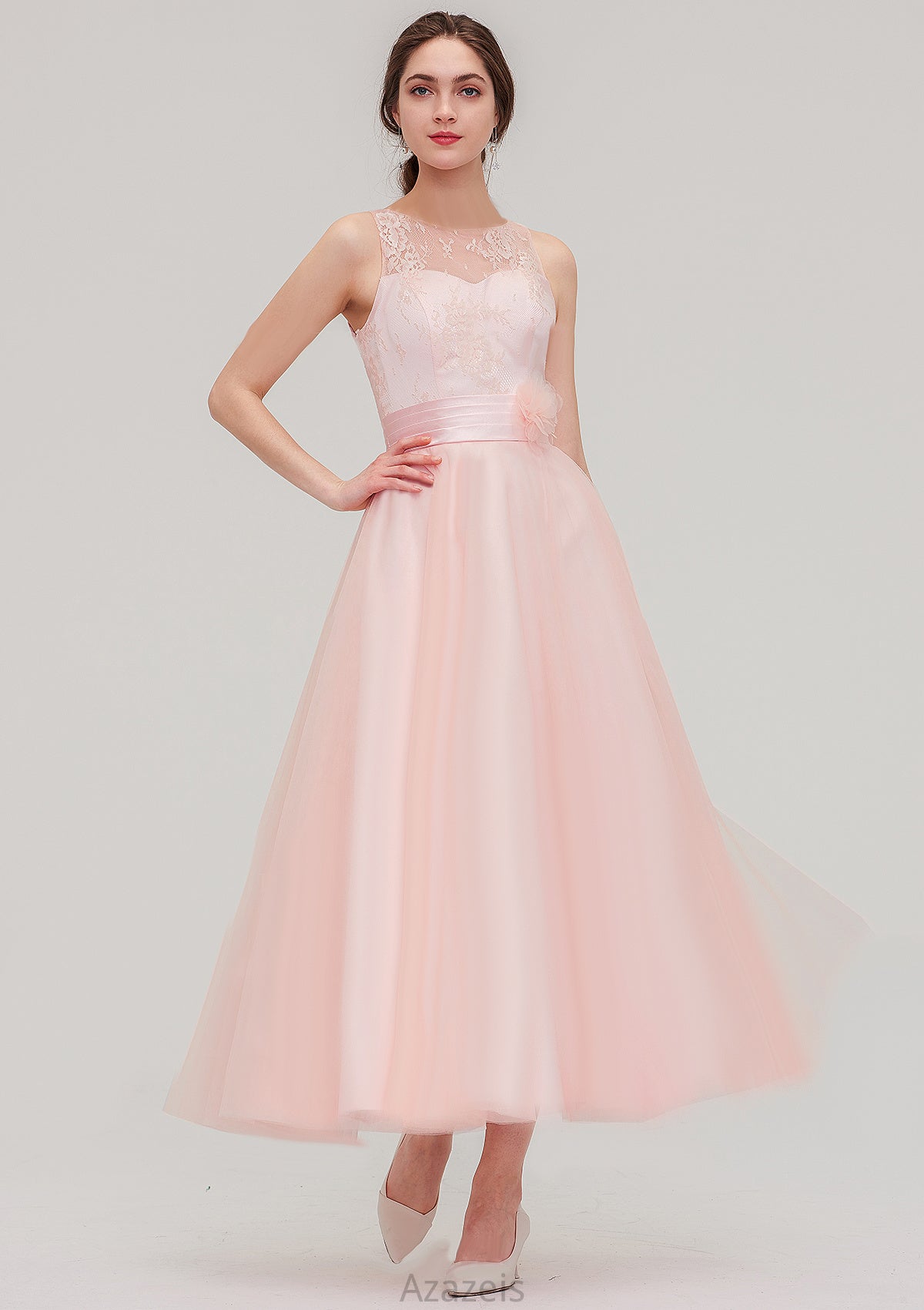 Tea-Length Sleeveless Bateau Tulle A-line/Princess Bridesmaid Dresses With Waistband Lace Heaven DFP0025429