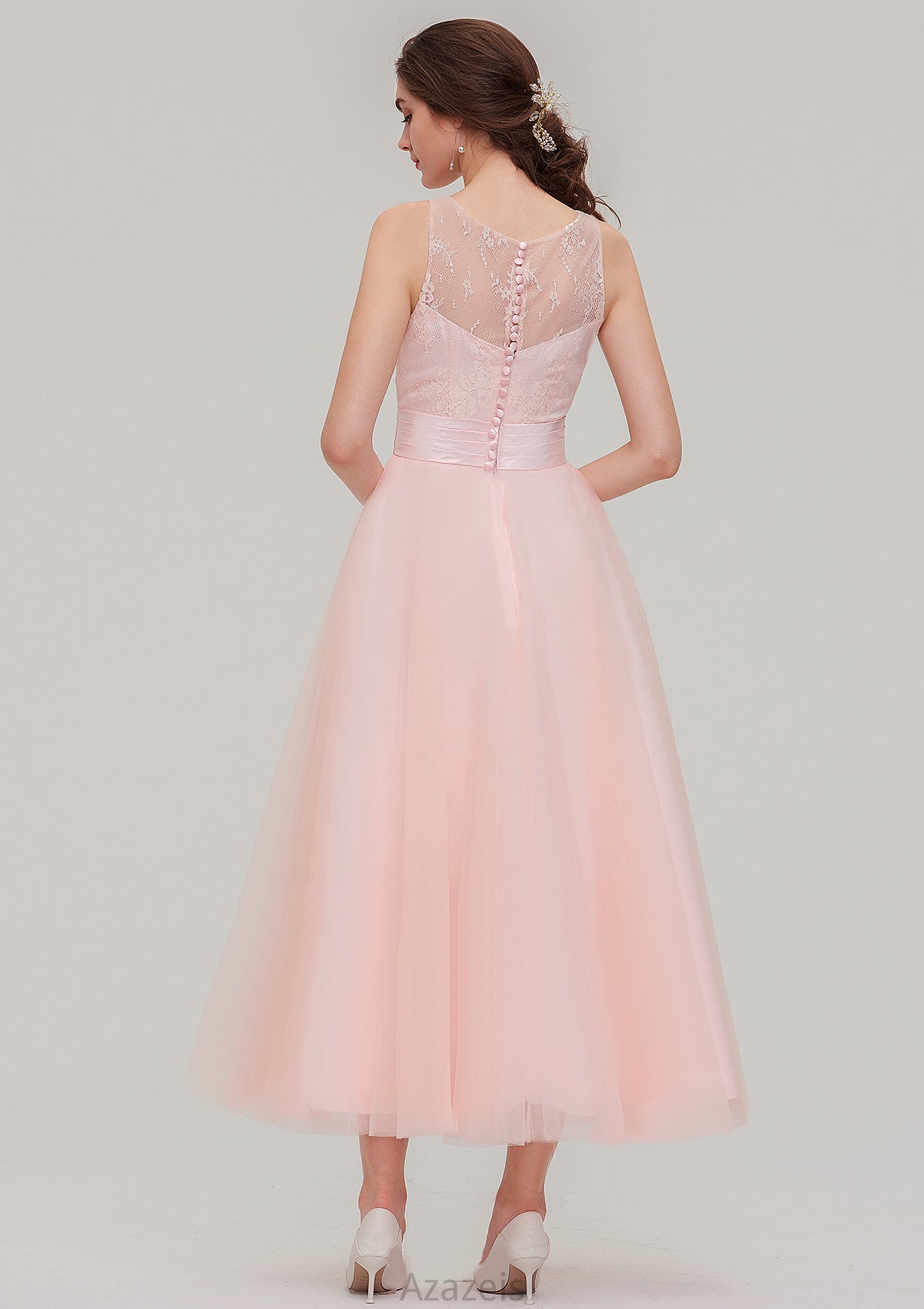 Tea-Length Sleeveless Bateau Tulle A-line/Princess Bridesmaid Dresses With Waistband Lace Heaven DFP0025429