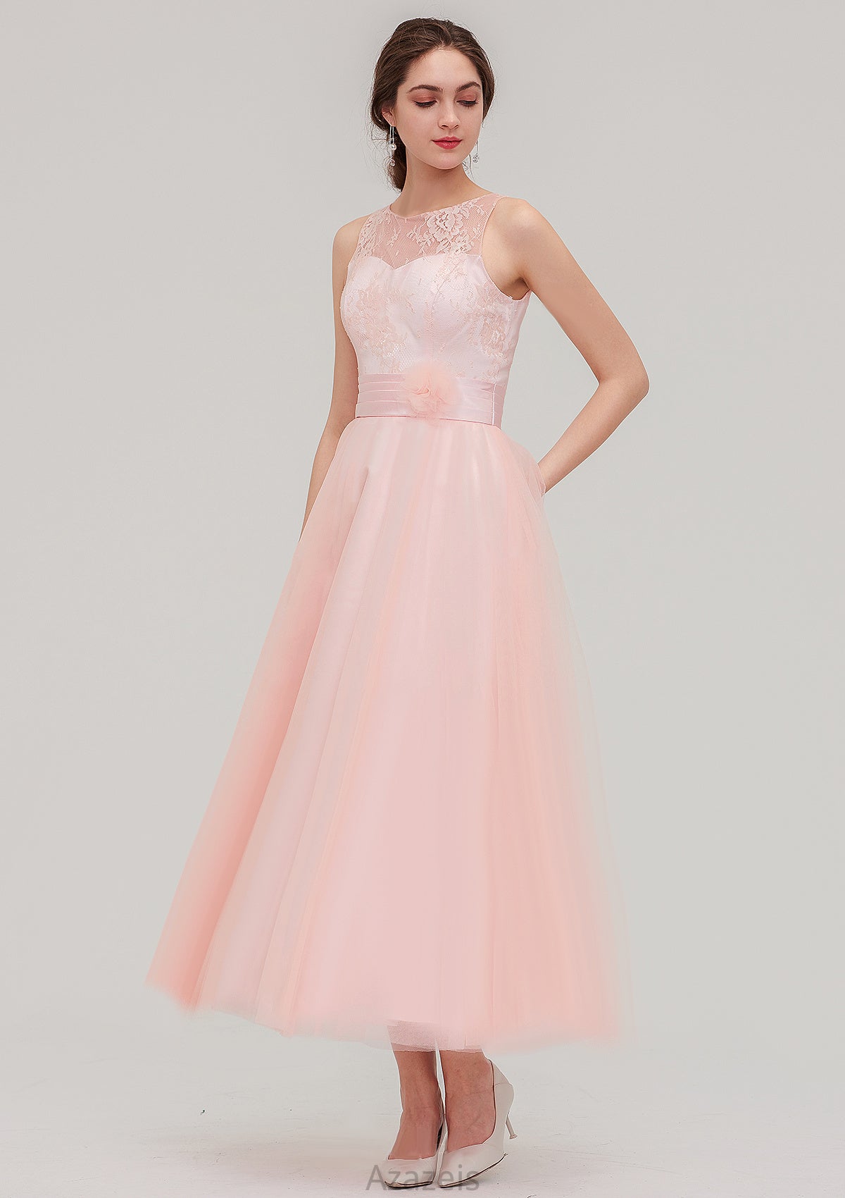 Tea-Length Sleeveless Bateau Tulle A-line/Princess Bridesmaid Dresses With Waistband Lace Heaven DFP0025429