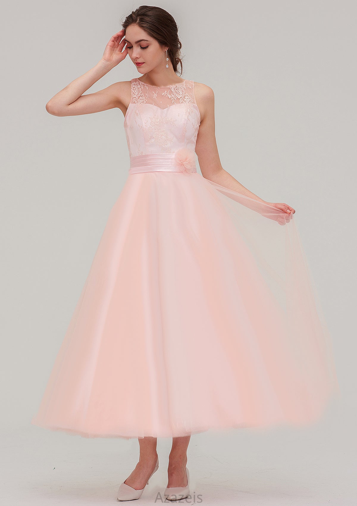 Tea-Length Sleeveless Bateau Tulle A-line/Princess Bridesmaid Dresses With Waistband Lace Heaven DFP0025429