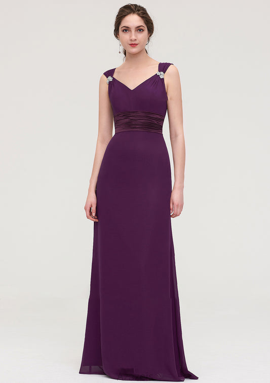 Sleeveless V Neck Long/Floor-Length Sheath/Column Chiffon Bridesmaid Dresses With Sashes Beading Pleated Estrella DFP0025432