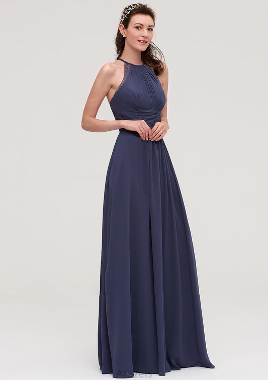 Scoop Neck Sleeveless A-line/Princess Chiffon Long/Floor-Length Bridesmaid Dresseses With Pleated Appliqued Lexie DFP0025439