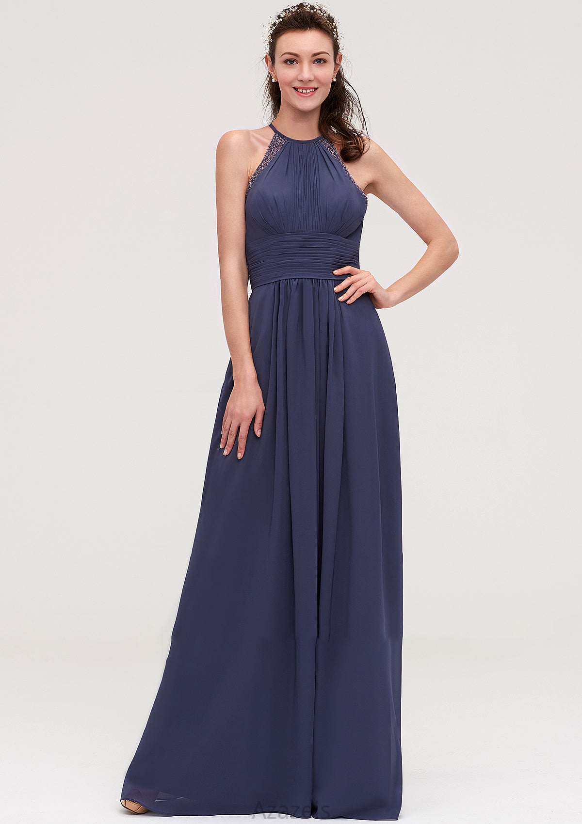 Scoop Neck Sleeveless A-line/Princess Chiffon Long/Floor-Length Bridesmaid Dresseses With Pleated Appliqued Lexie DFP0025439