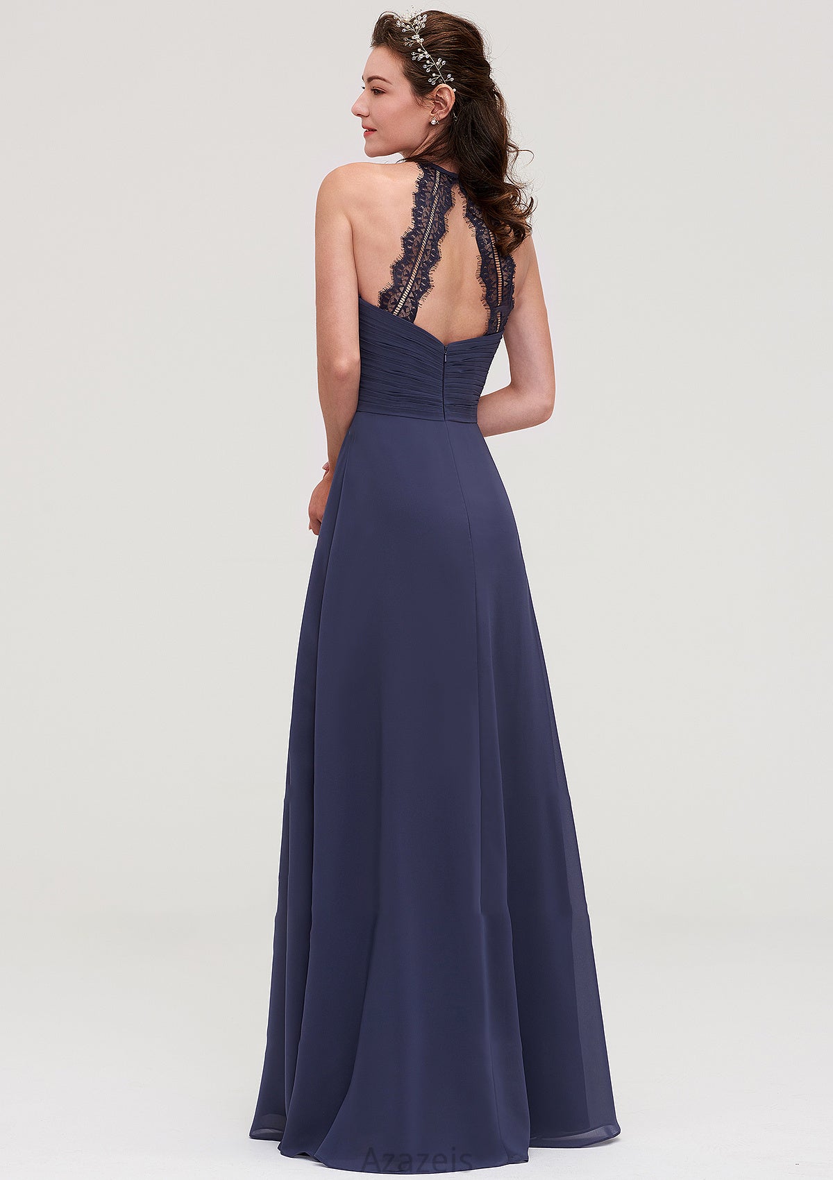 Scoop Neck Sleeveless A-line/Princess Chiffon Long/Floor-Length Bridesmaid Dresseses With Pleated Appliqued Lexie DFP0025439