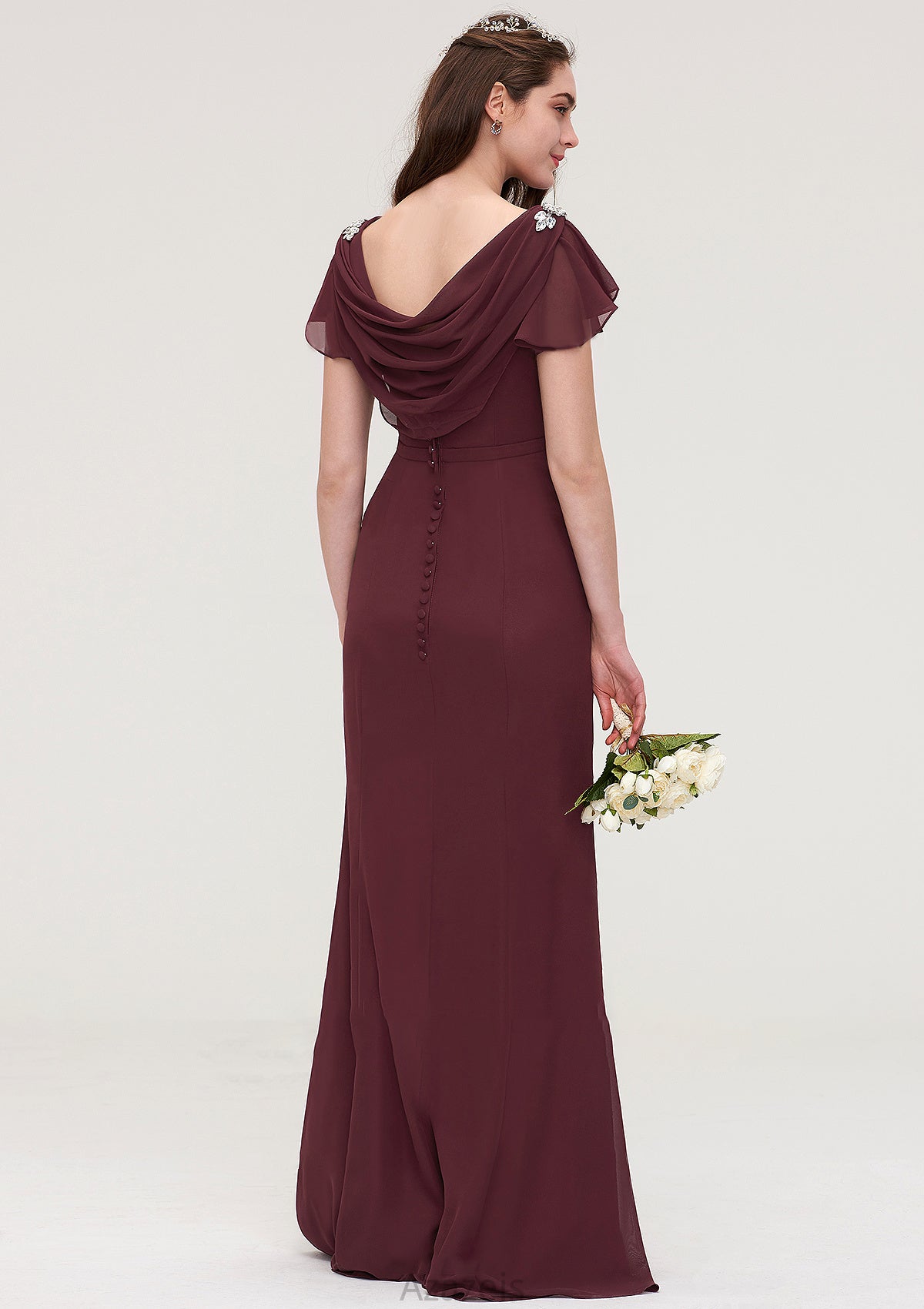 Short Sleeve Bateau Long/Floor-Length Sheath/Column Chiffon Bridesmaid Dresses With Crystal Detailing Sashes Eleanor DFP0025440