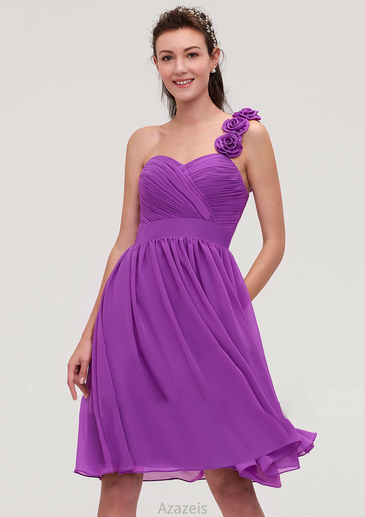 One-Shoulder Sleeveless Knee-Length Chiffon A-line/Princess Bridesmaid Dresseses With Pleated Flowers Skylar DFP0025441