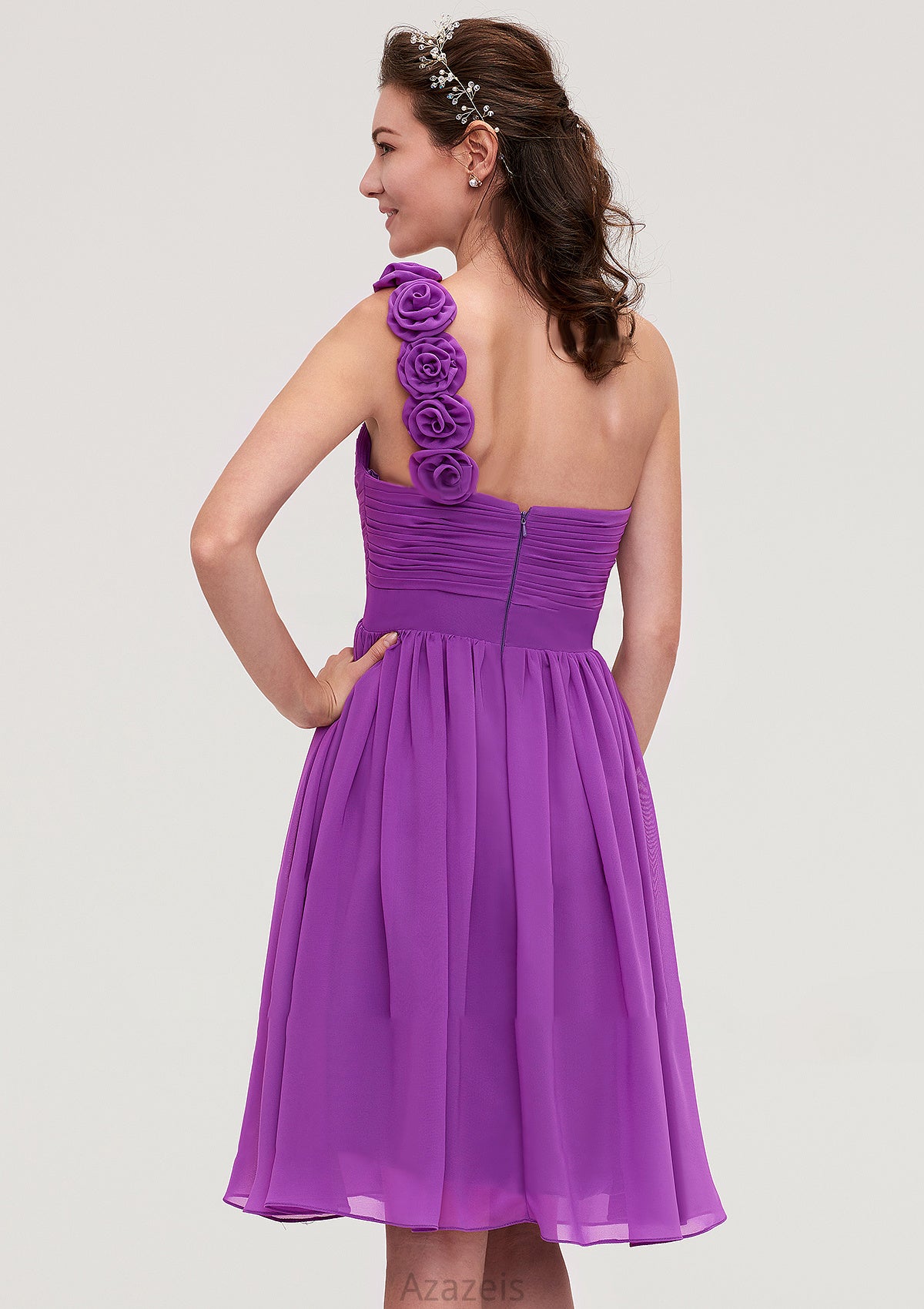 One-Shoulder Sleeveless Knee-Length Chiffon A-line/Princess Bridesmaid Dresseses With Pleated Flowers Skylar DFP0025441