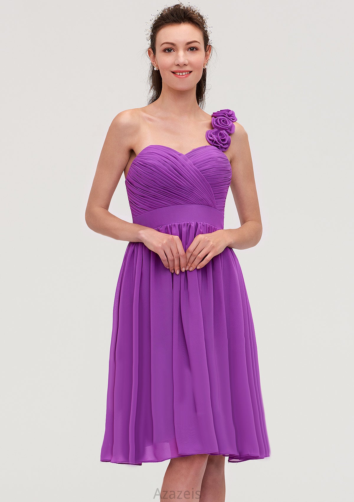 One-Shoulder Sleeveless Knee-Length Chiffon A-line/Princess Bridesmaid Dresseses With Pleated Flowers Skylar DFP0025441