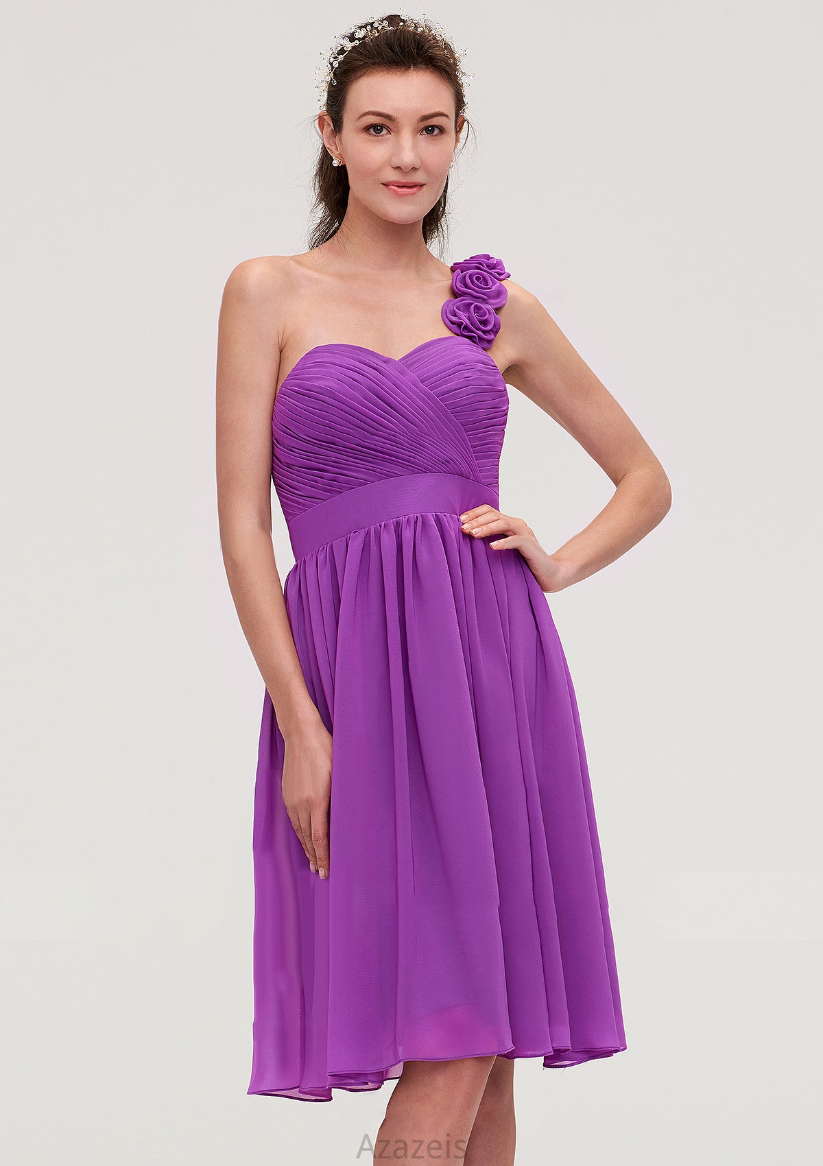 One-Shoulder Sleeveless Knee-Length Chiffon A-line/Princess Bridesmaid Dresseses With Pleated Flowers Skylar DFP0025441