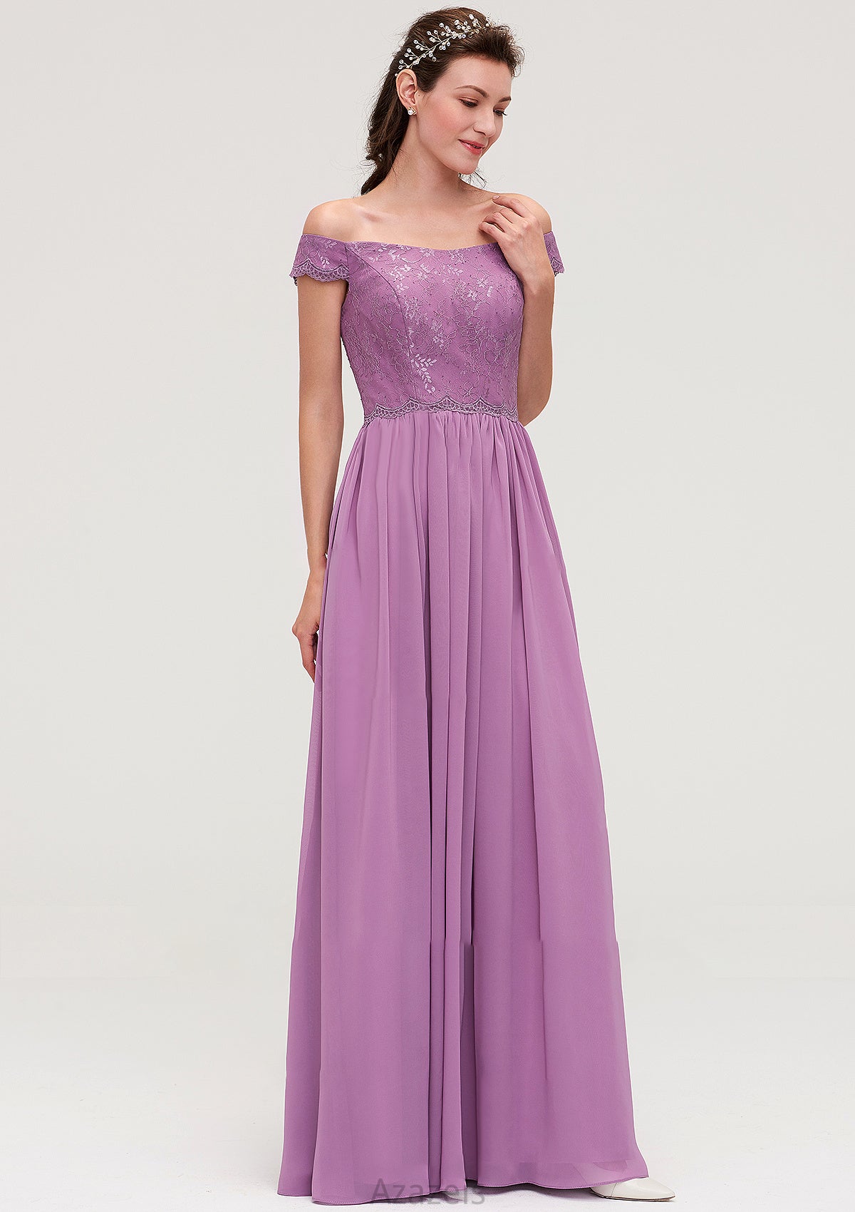 Sleeveless Off-the-Shoulder Long/Floor-Length Chiffon A-line/Princess Bridesmaid Dresseses With Appliqued Milagros DFP0025442