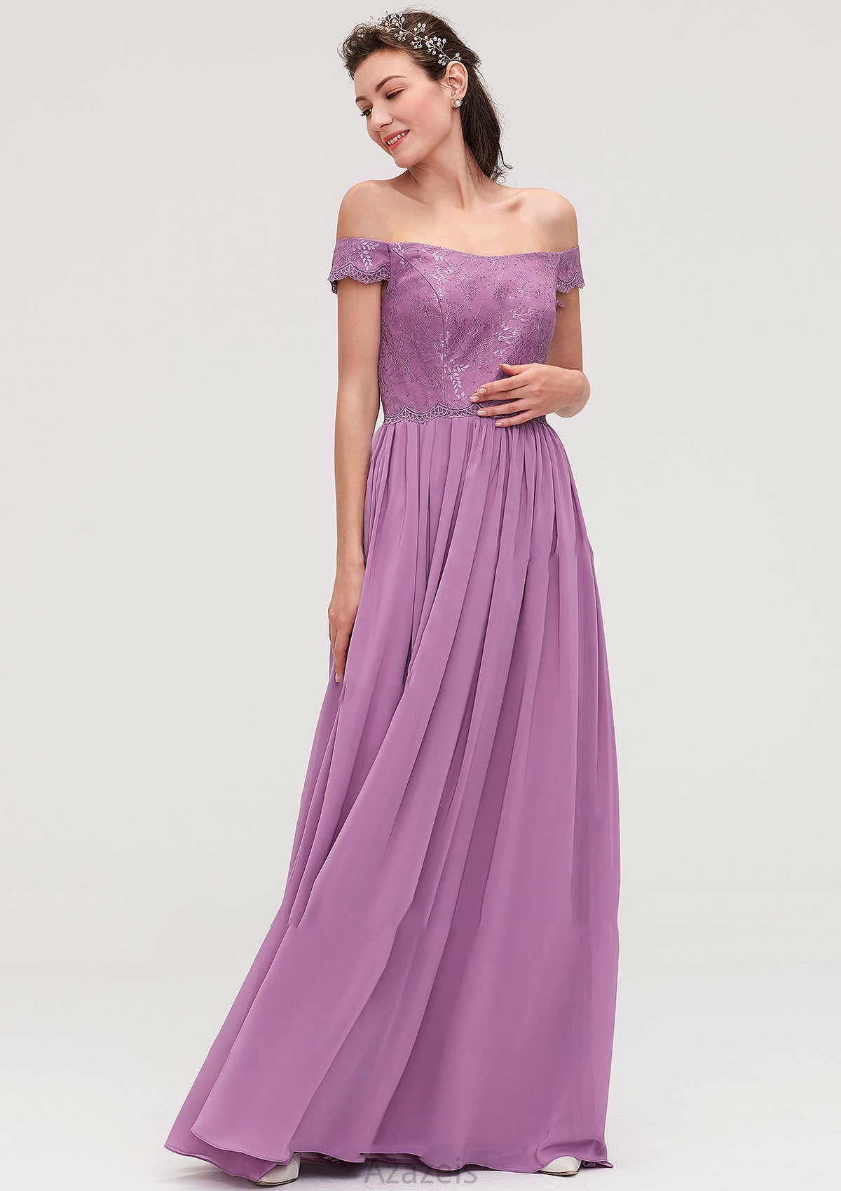 Sleeveless Off-the-Shoulder Long/Floor-Length Chiffon A-line/Princess Bridesmaid Dresseses With Appliqued Milagros DFP0025442