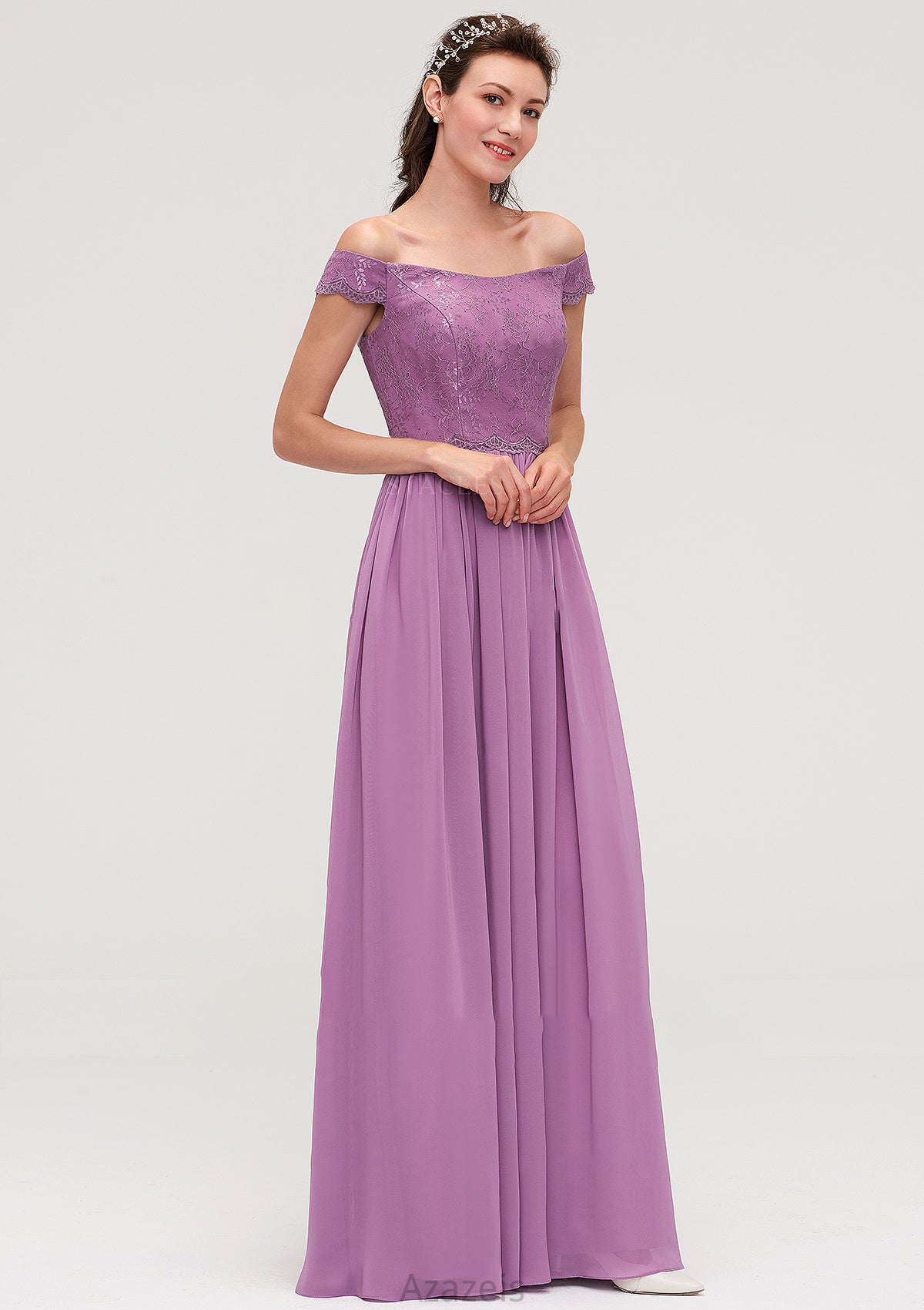 Sleeveless Off-the-Shoulder Long/Floor-Length Chiffon A-line/Princess Bridesmaid Dresseses With Appliqued Milagros DFP0025442