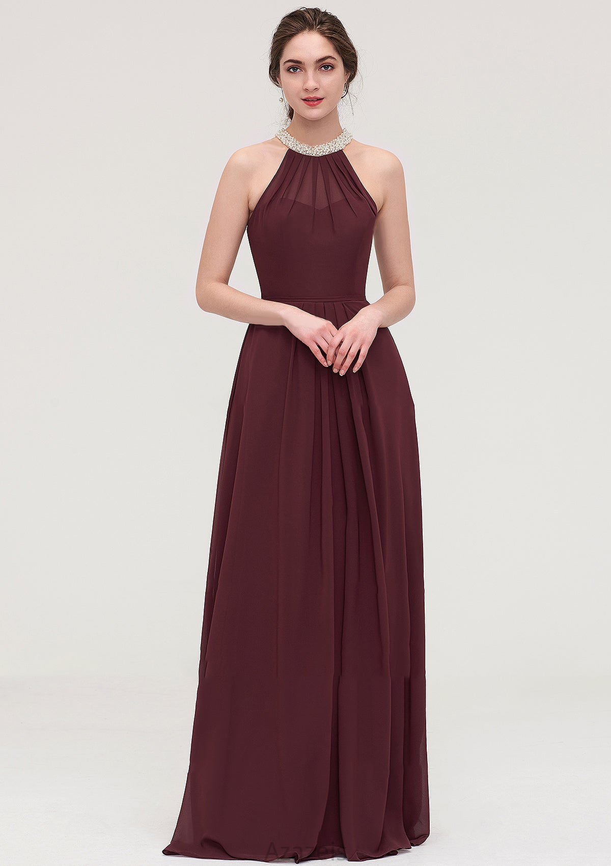 Sleeveless Halter Long/Floor-Length Chiffon A-line/Princess Bridesmaid Dresses With Beading Pleated Leyla DFP0025445