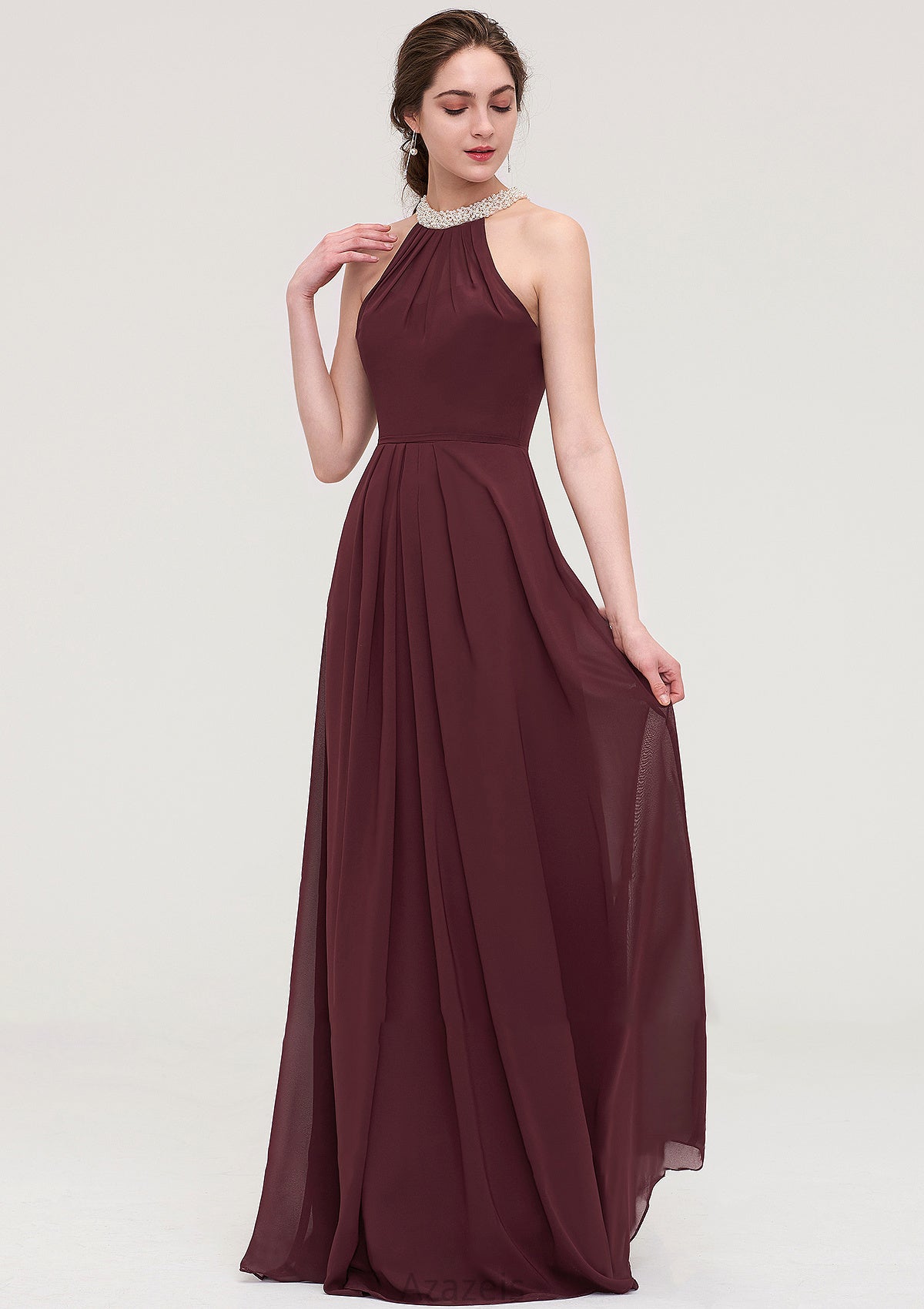 Sleeveless Halter Long/Floor-Length Chiffon A-line/Princess Bridesmaid Dresses With Beading Pleated Leyla DFP0025445