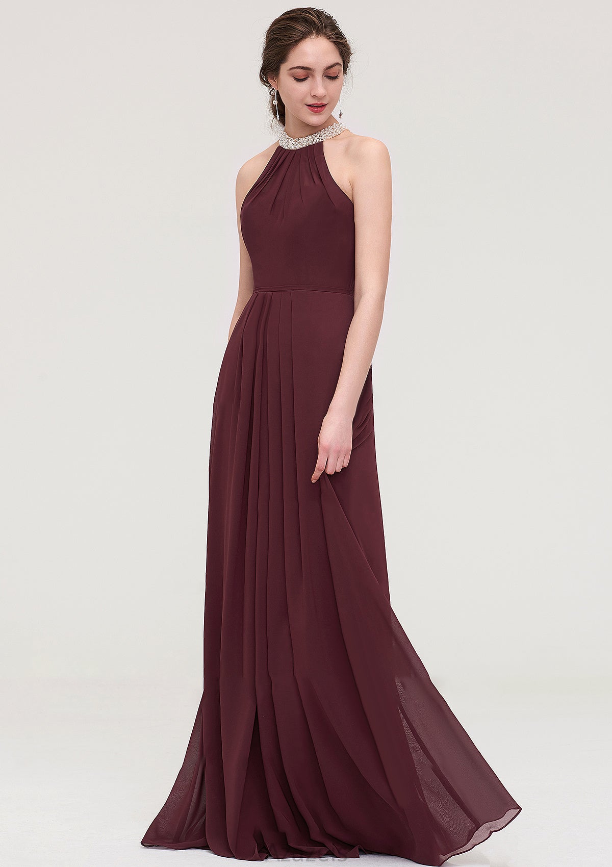 Sleeveless Halter Long/Floor-Length Chiffon A-line/Princess Bridesmaid Dresses With Beading Pleated Leyla DFP0025445