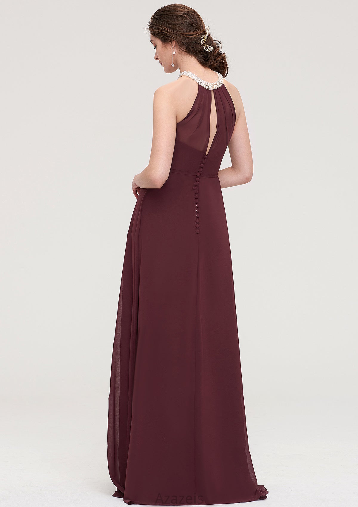 Sleeveless Halter Long/Floor-Length Chiffon A-line/Princess Bridesmaid Dresses With Beading Pleated Leyla DFP0025445