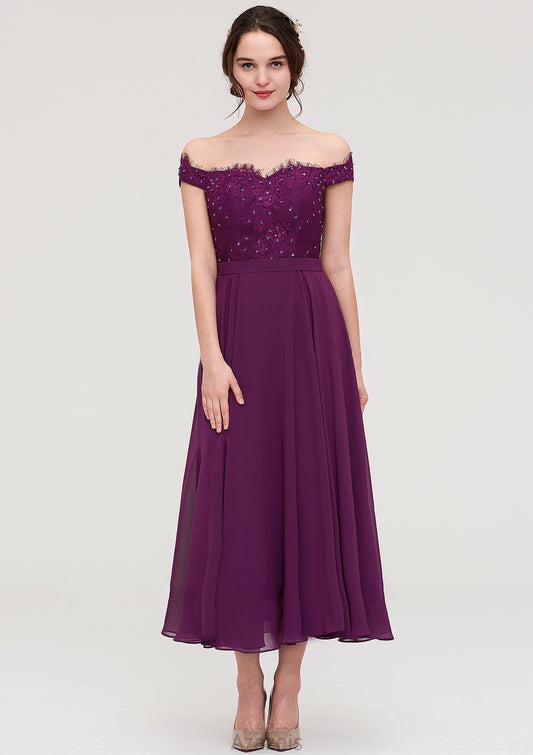 Off-the-Shoulder Sleeveless Tea-Length Chiffon A-line/Princess Bridesmaid Dresses With Lace Beading Annie DFP0025446