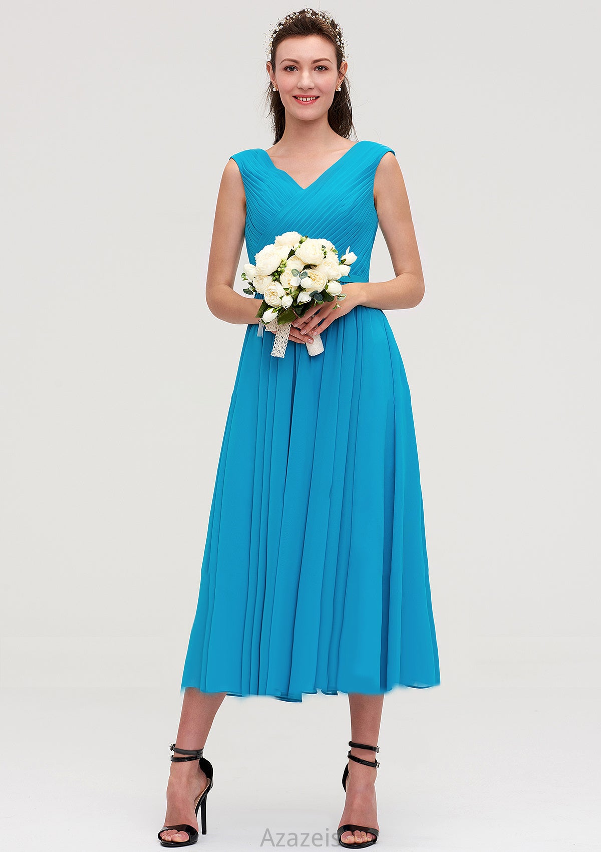 Sleeveless V Neck Tea-Length Chiffon A-line/Princess Bridesmaid Dresseses With Pleated Estrella DFP0025448