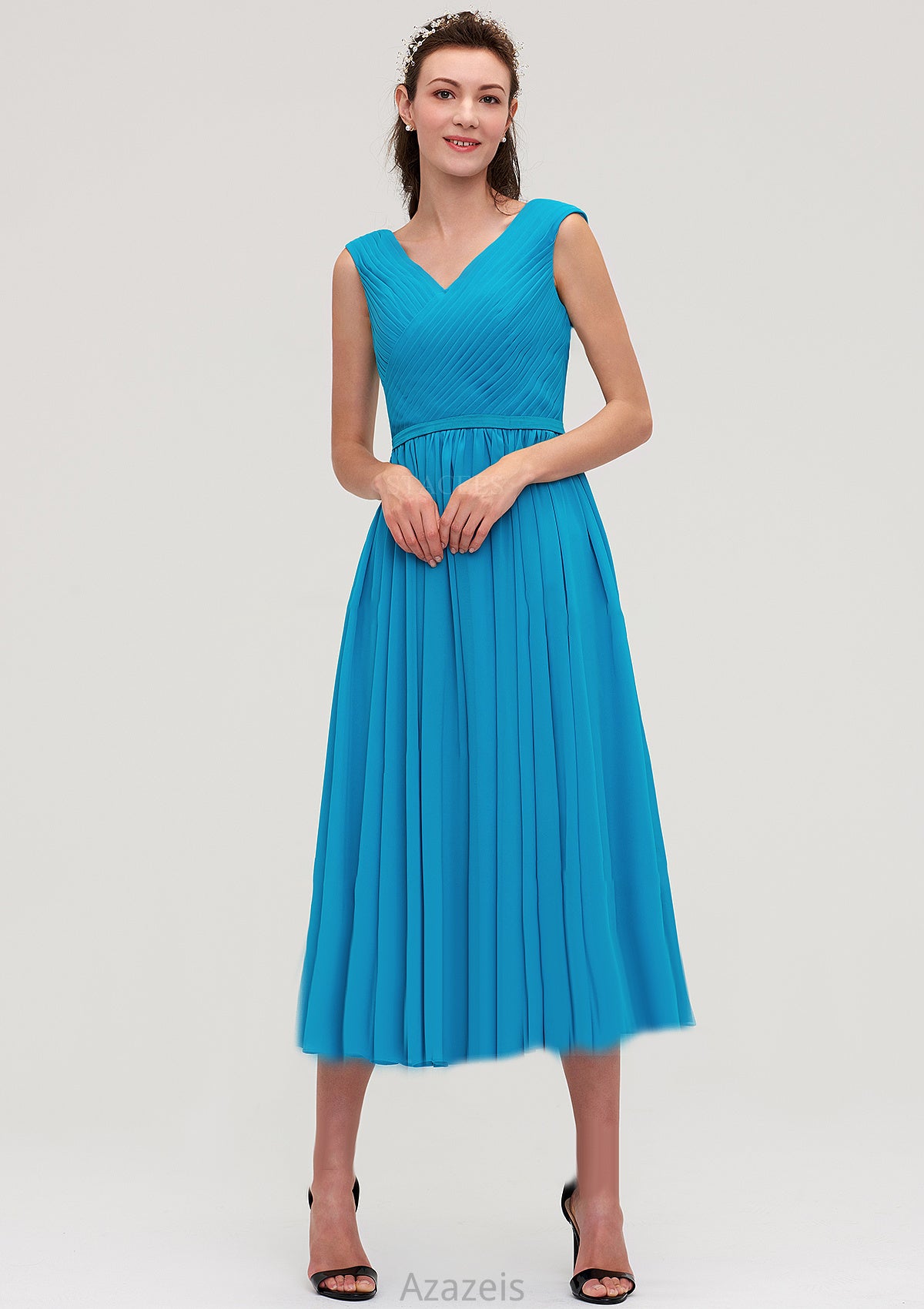 Sleeveless V Neck Tea-Length Chiffon A-line/Princess Bridesmaid Dresseses With Pleated Estrella DFP0025448