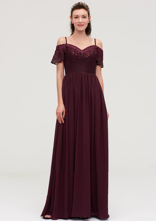 Off-the-Shoulder Sleeveless Chiffon A-line/Princess Long/Floor-Length Bridesmaid Dresseses With Lace Harriet DFP0025449
