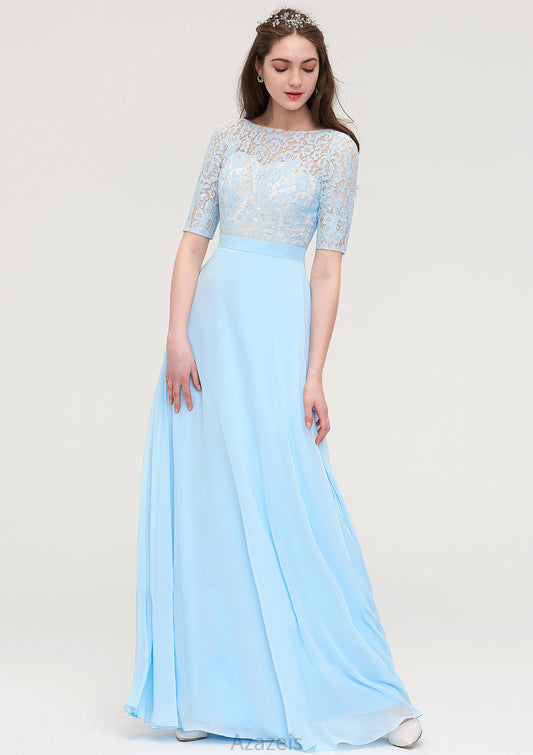 Half Sleeve Long/Floor-Length Bateau Chiffon A-line/Princess Bridesmaid Dresses With Lace Lilliana DFP0025450