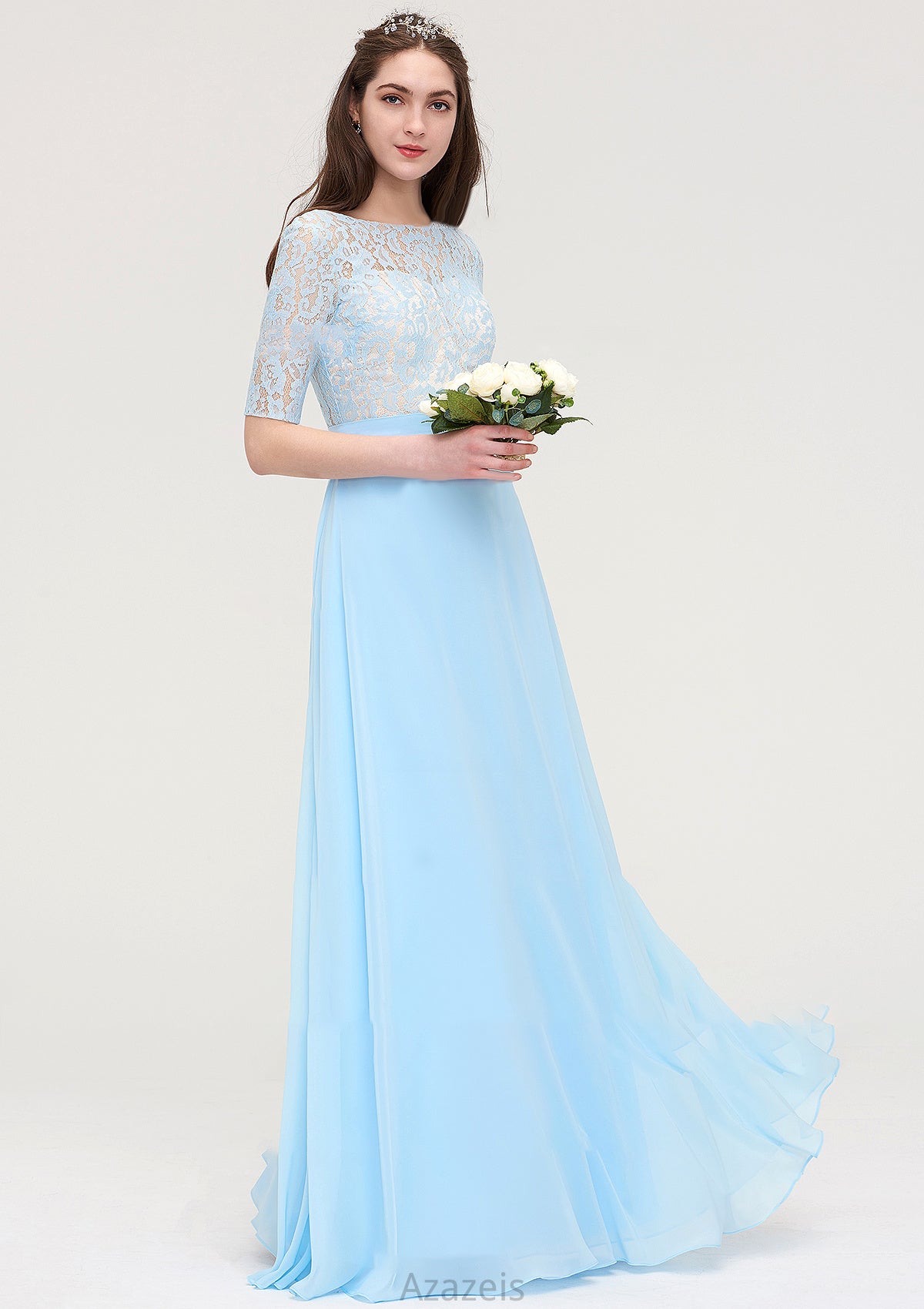 Half Sleeve Long/Floor-Length Bateau Chiffon A-line/Princess Bridesmaid Dresses With Lace Lilliana DFP0025450