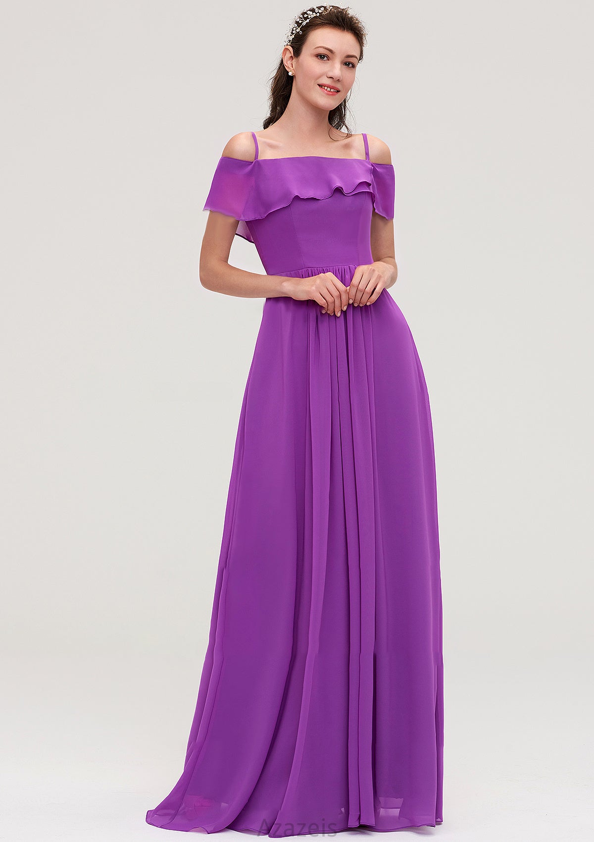 Sleeveless Off-the-Shoulder Chiffon A-line/Princess Long/Floor-Length Bridesmaid Dresseses With Ruffles Belinda DFP0025452