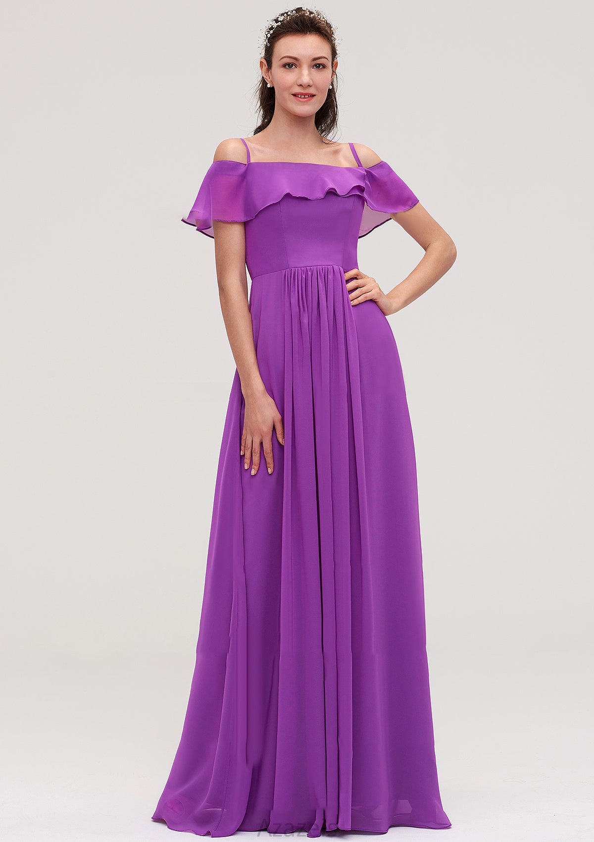 Sleeveless Off-the-Shoulder Chiffon A-line/Princess Long/Floor-Length Bridesmaid Dresseses With Ruffles Belinda DFP0025452