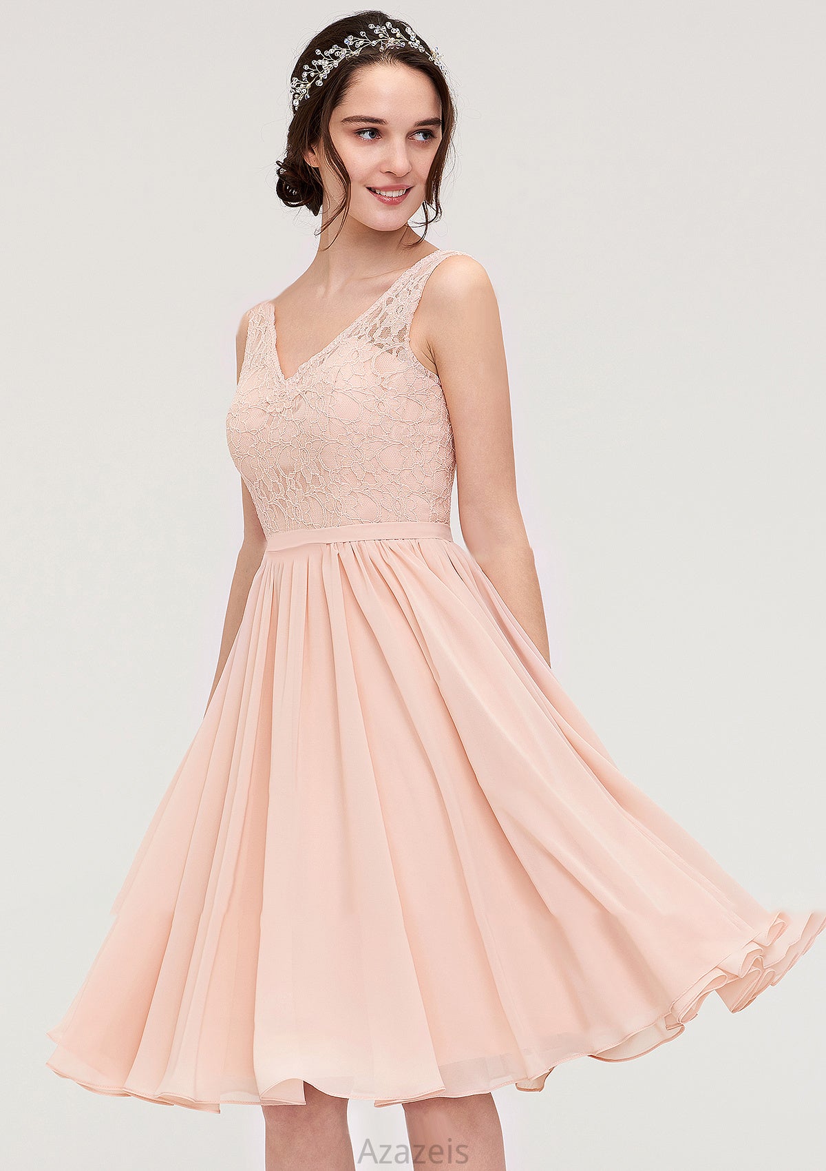 Sleeveless V Neck A-line/Princess Chiffon Knee-Length Bridesmaid Dresses With Lace Deanna DFP0025453