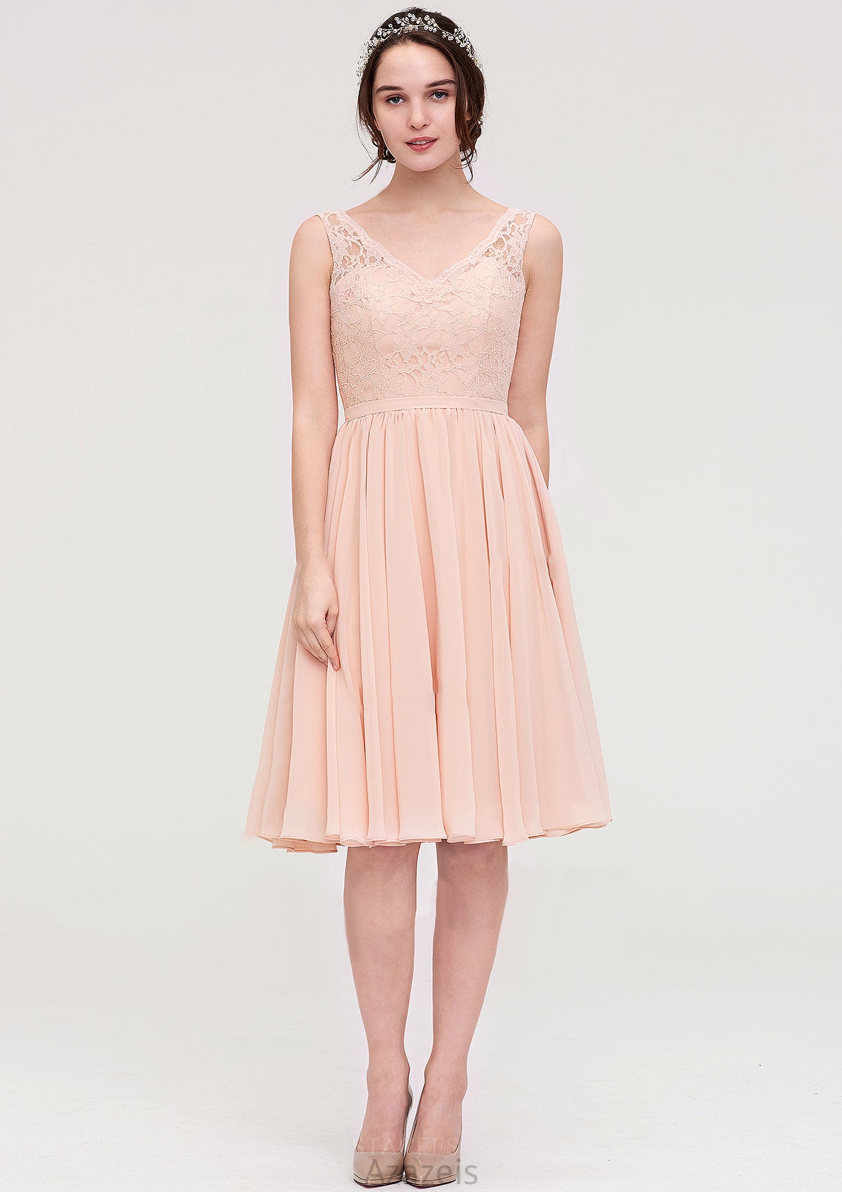 Sleeveless V Neck A-line/Princess Chiffon Knee-Length Bridesmaid Dresses With Lace Deanna DFP0025453