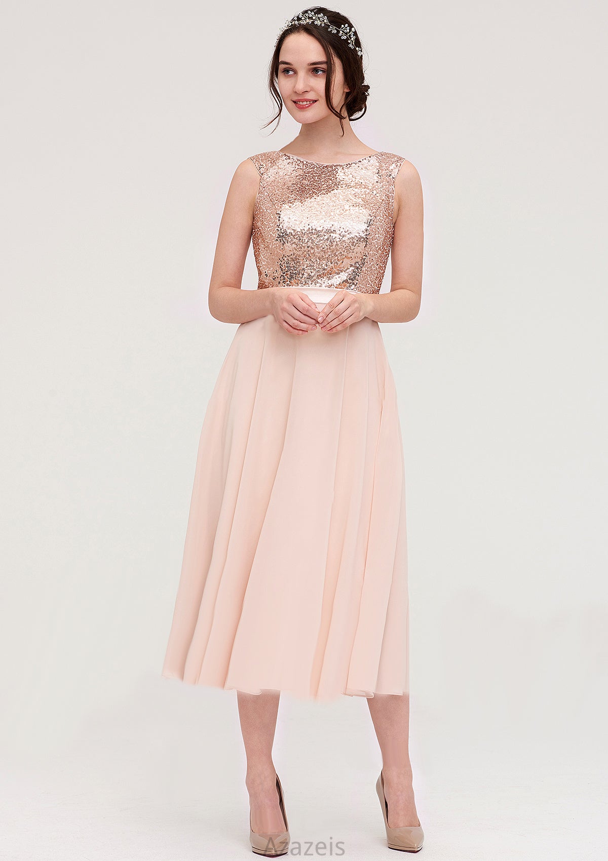 Sleeveless Bateau Chiffon A-line/Princess Bridesmaid Dresses With Sashes Sequins Lilith DFP0025454