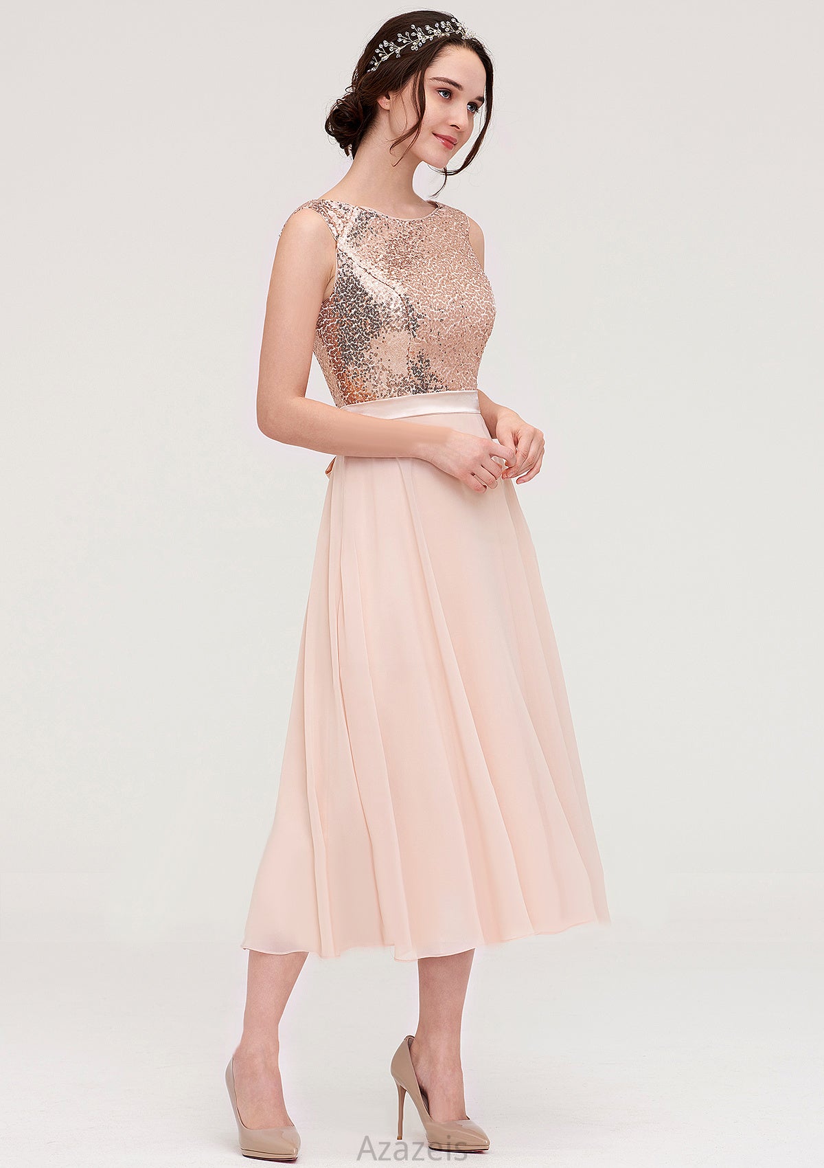 Sleeveless Bateau Chiffon A-line/Princess Bridesmaid Dresses With Sashes Sequins Lilith DFP0025454