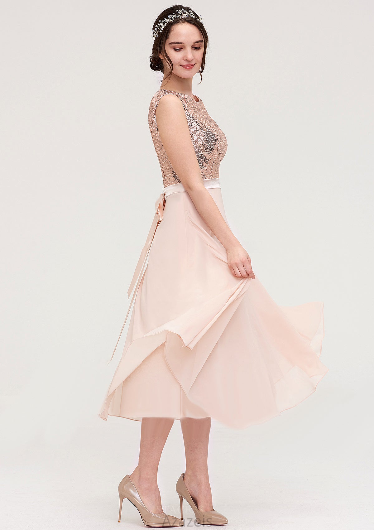 Sleeveless Bateau Chiffon A-line/Princess Bridesmaid Dresses With Sashes Sequins Lilith DFP0025454