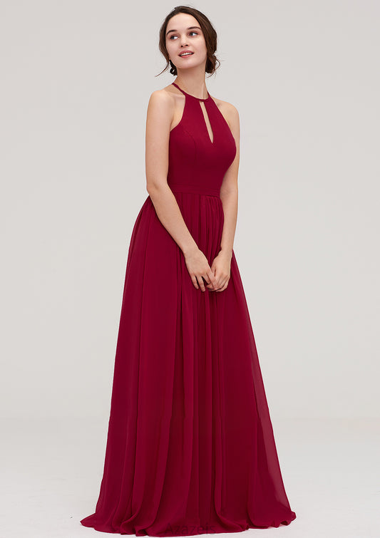 Scoop Neck Sleeveless A-line/Princess Long/Floor-Length Chiffon Bridesmaid Dresseses With Pleated Callie DFP0025456