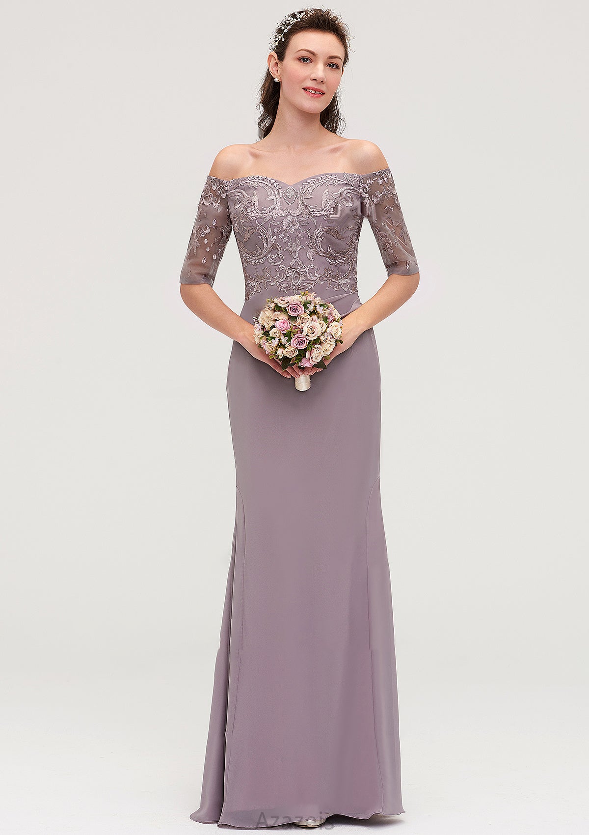 Off-the-Shoulder Half Sleeve Sheath/Column Long/Floor-Length Chiffon Bridesmaid Dresseses With Appliqued Winifred DFP0025458