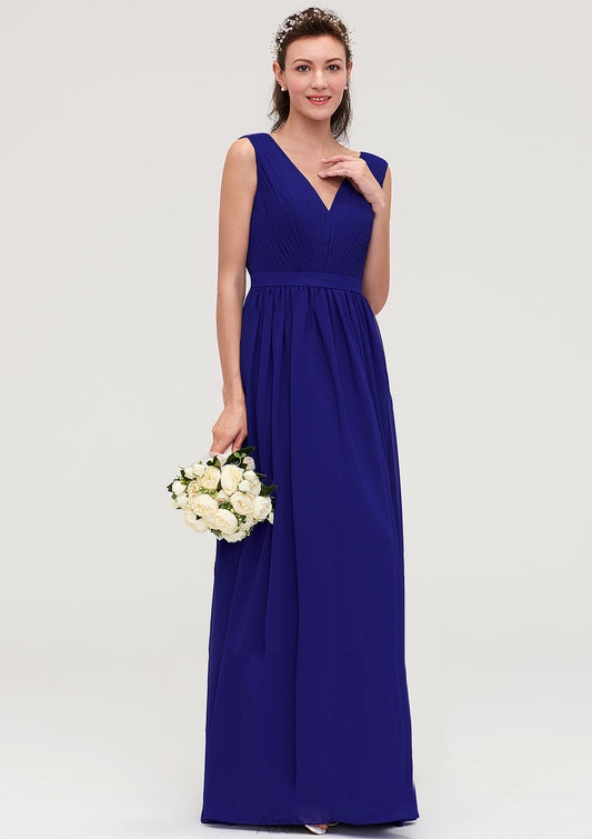 Sleeveless V Neck Chiffon A-line/Princess Long/Floor-Length Bridesmaid Dresseses With Pleated Jess DFP0025459