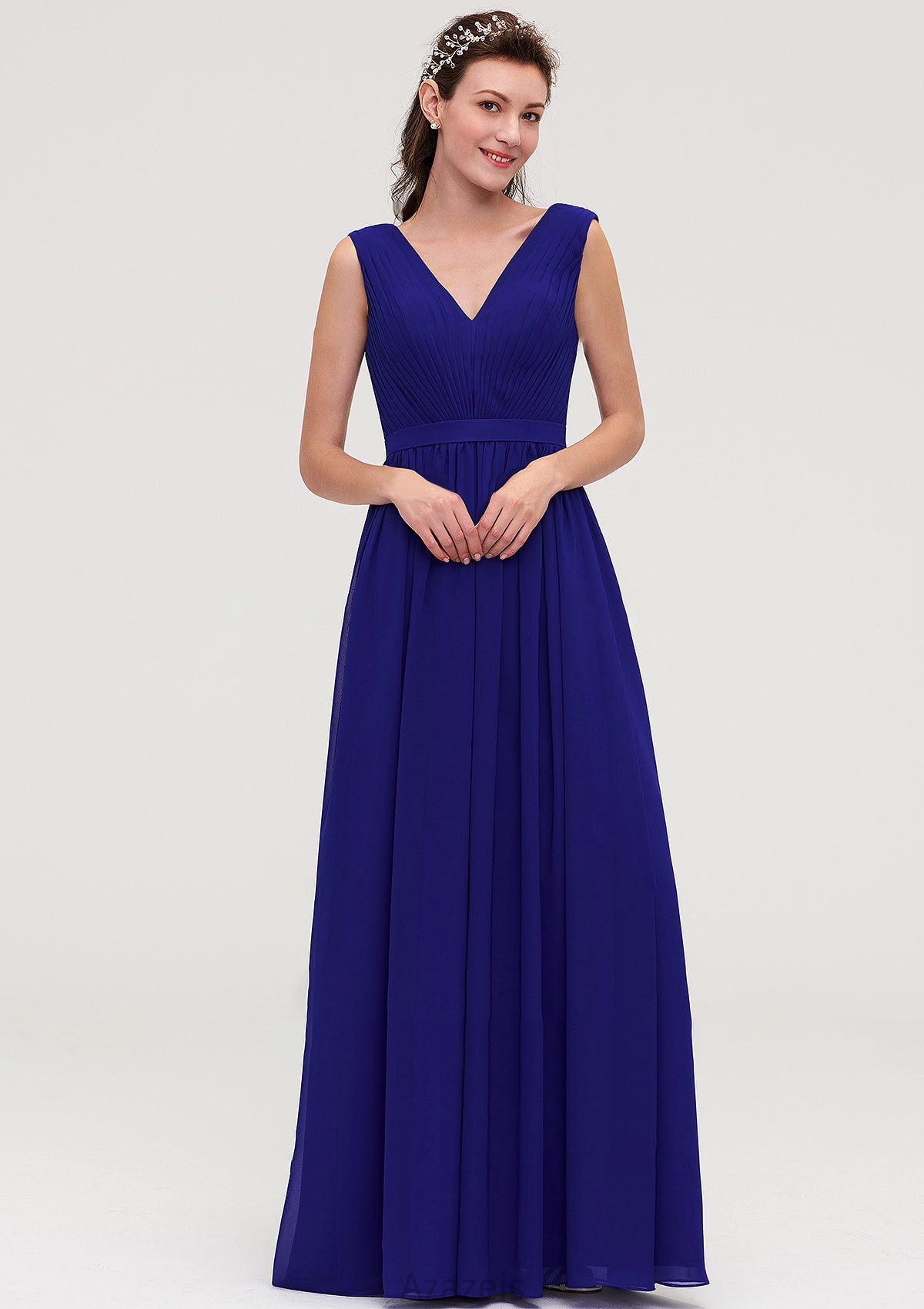 Sleeveless V Neck Chiffon A-line/Princess Long/Floor-Length Bridesmaid Dresseses With Pleated Jess DFP0025459