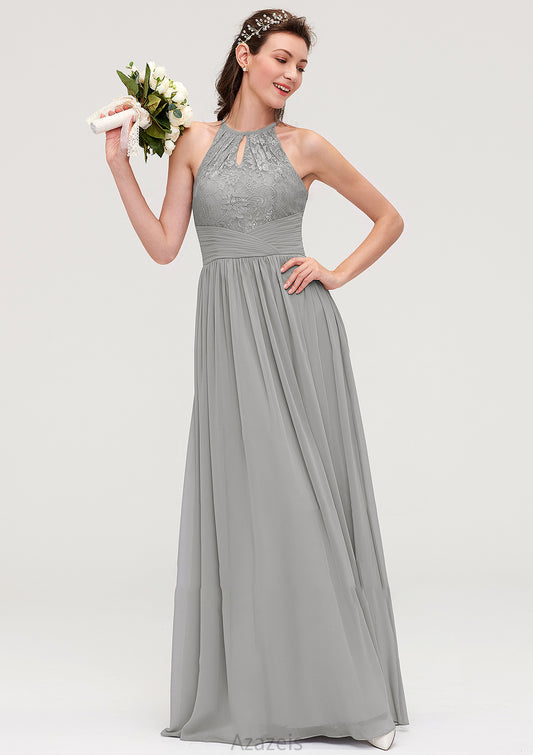 Sleeveless Scoop Neck Chiffon A-line/Princess Long/Floor-Length Bridesmaid Dresseses With Pleated Lace Zoey DFP0025460
