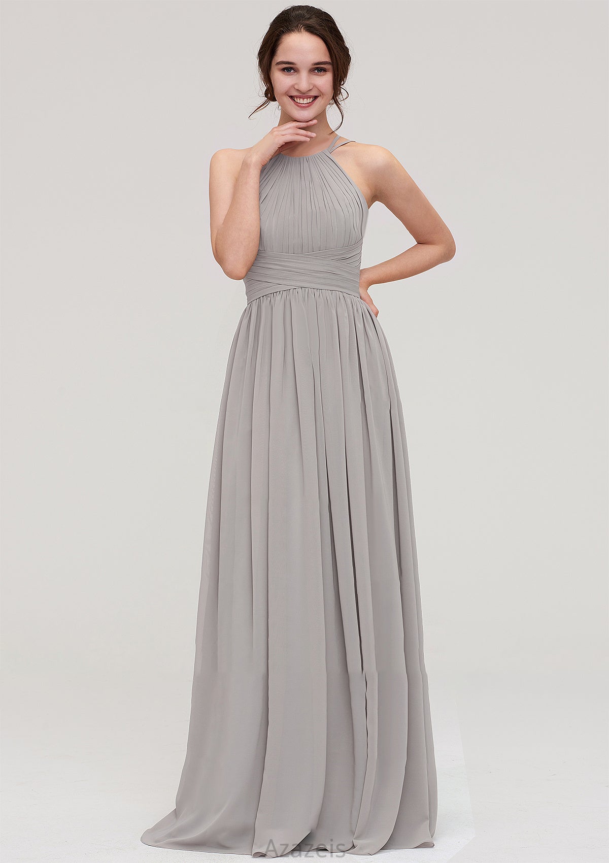 Halter Sleeveless A-line/Princess Long/Floor-Length Chiffon Bridesmaid Dresses With Pleated Jessie DFP0025462